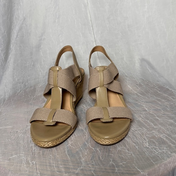 Lucky Brand Cork Wedge Heel Espadrilles Sandals T-strap Stretch Slingback 9.5 - Picture 7 of 17